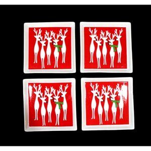Vintage Crate & Barrel Holiday Appetizer Plate Set. White Reindeers on Bright Re